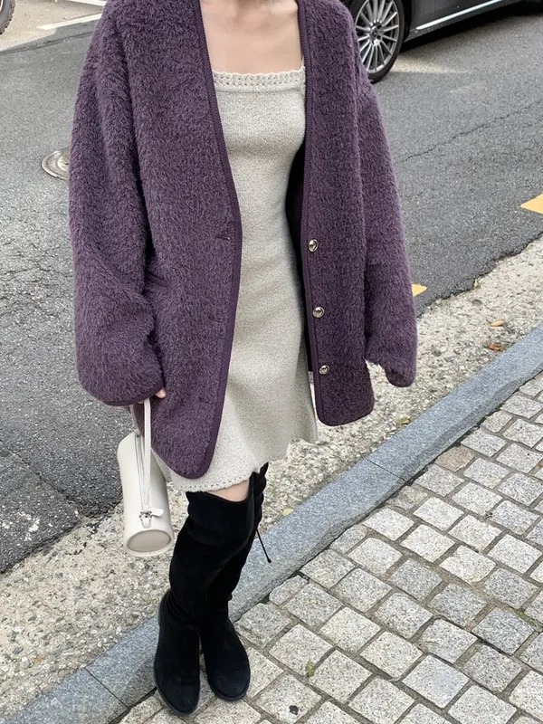 Warm Purple Plush Coat, Fashionable and Versatile Women's Wear