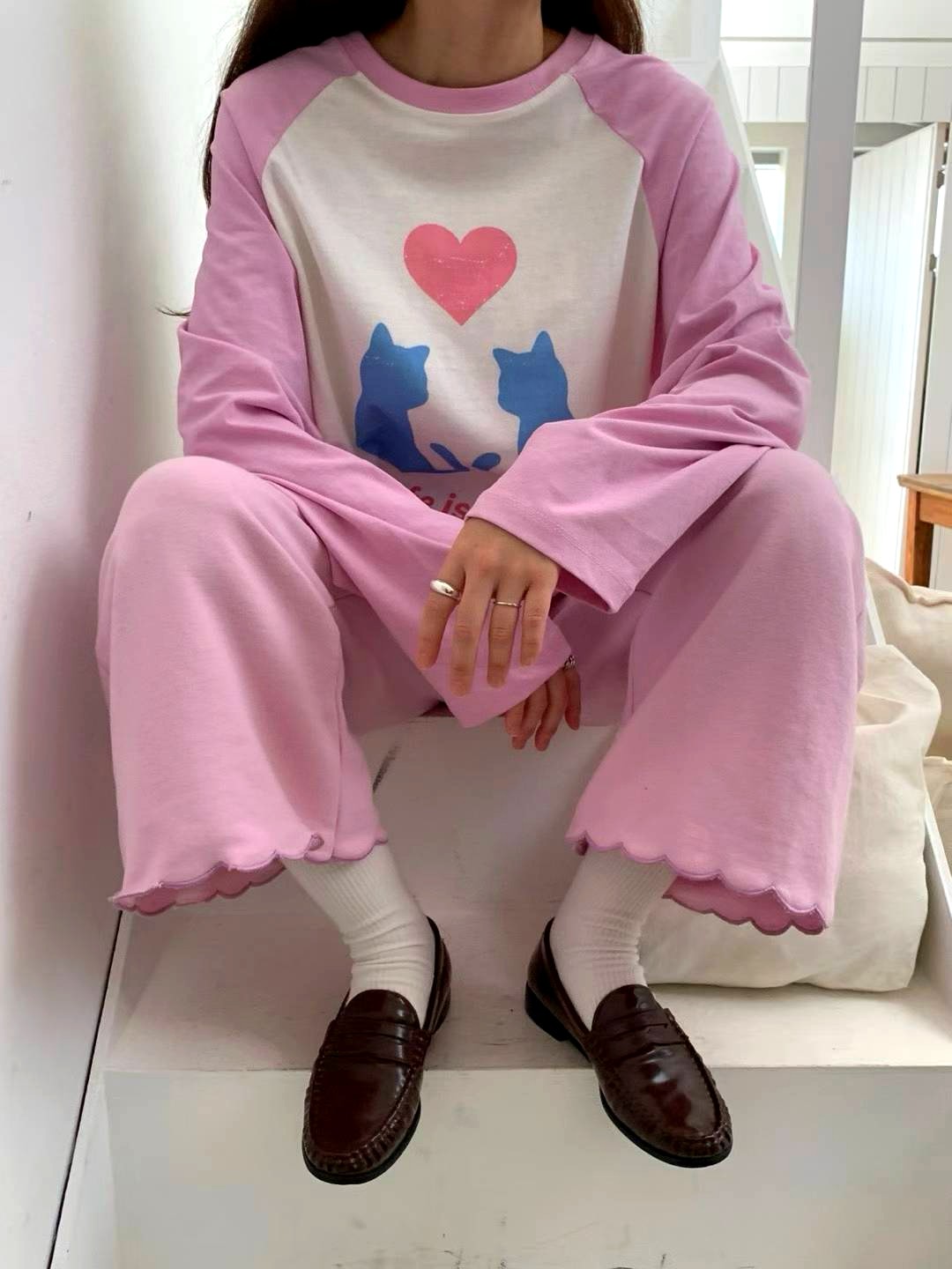 귀여운 고양이 프린트 여성 탑, 편안한 캐주얼 스타일