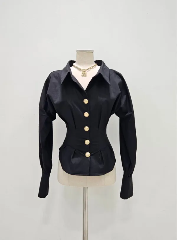 Stylish Black Shirt with Elegant Slim Design and Golden Buttons
