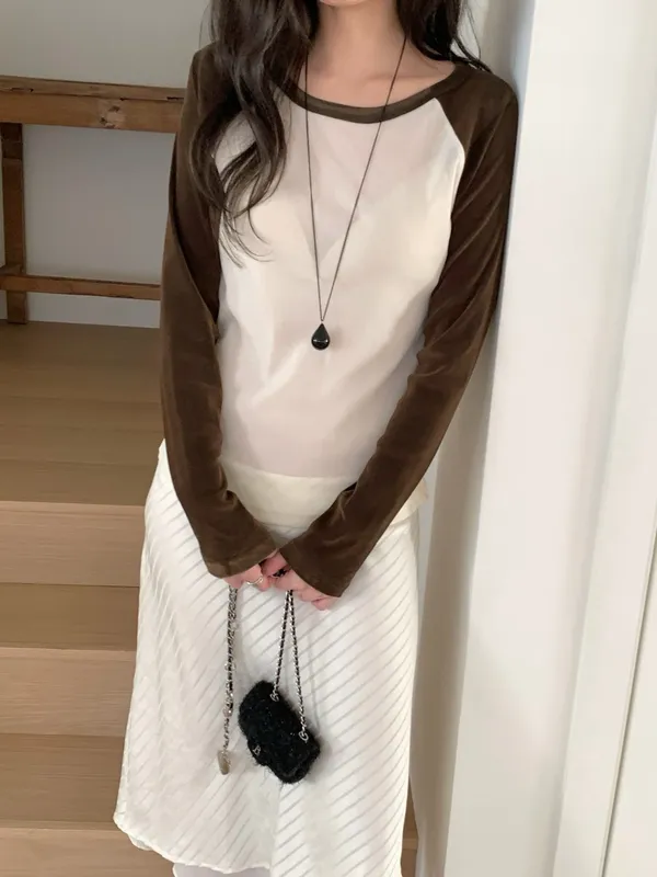 Fashionable Color-Block Long Sleeve T-Shirt, Comfortable and Versatile
