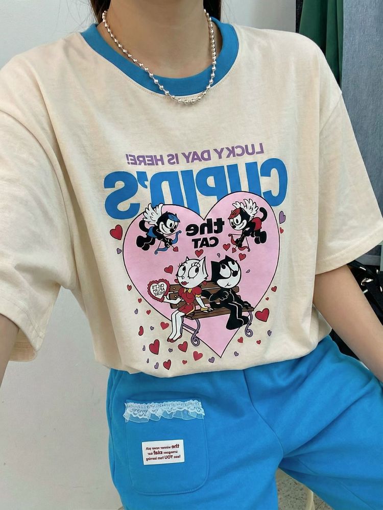 Cute Cartoon Print Short Sleeve T-Shirt, Comfortable Casual Style