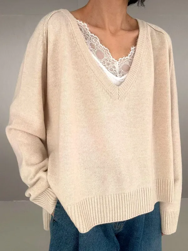 Simple Loose V-Neck Sweater, Comfortable and Versatile
