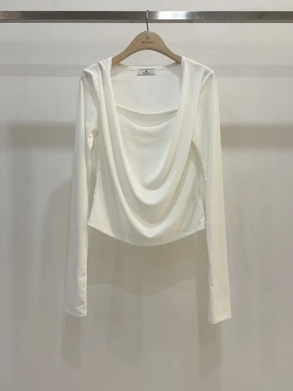 Stylish Minimalist White Long Sleeve Shirt with Elegant Draped Design