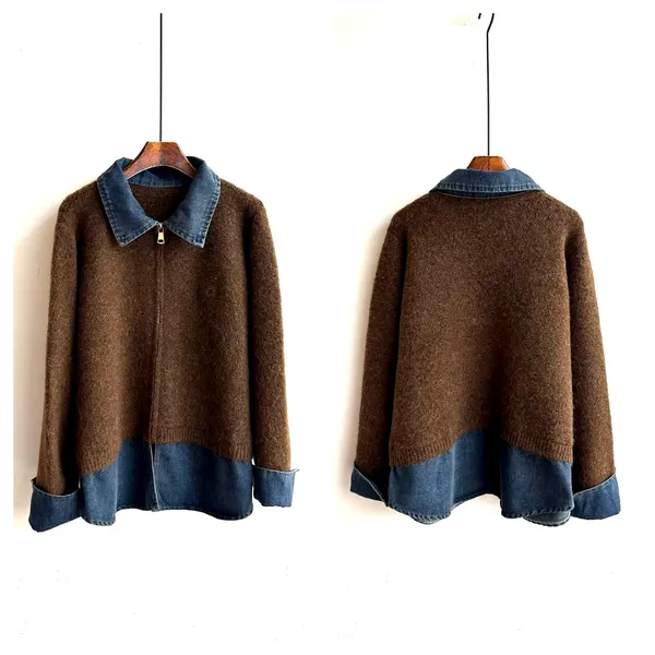 Stylish Casual Women's Top with Knit and Denim Design