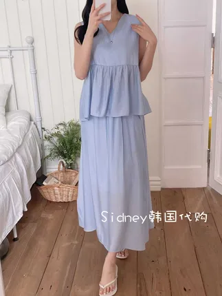Gaun Tanpa Lengan Biru Segar - Gaya Elegan