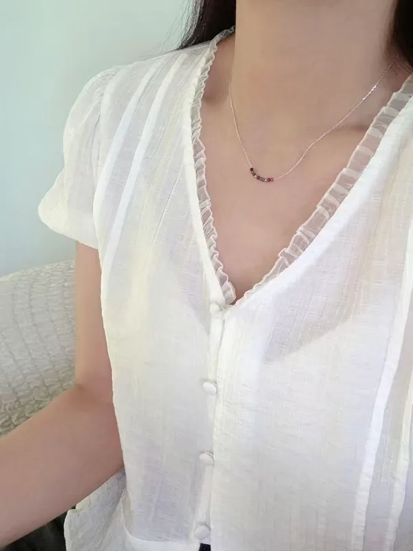 Fresh and Elegant Lace-Trimmed Short Sleeve Shirt
