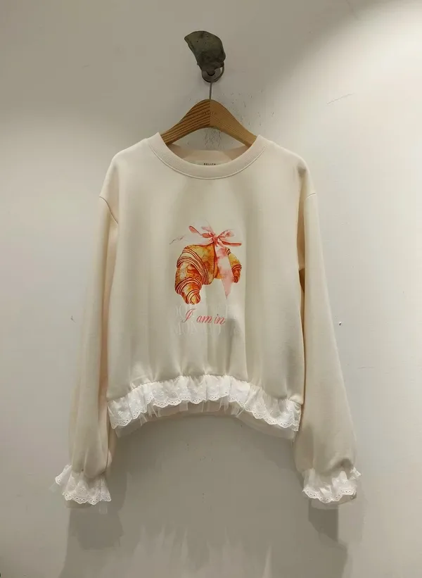 Sweet Lace Trim Printed Hoodie, Soft and Charming