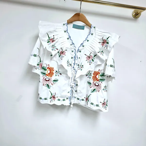 Exquisite Embroidered Ruffled Women's T-Shirt, Fresh and Elegant
