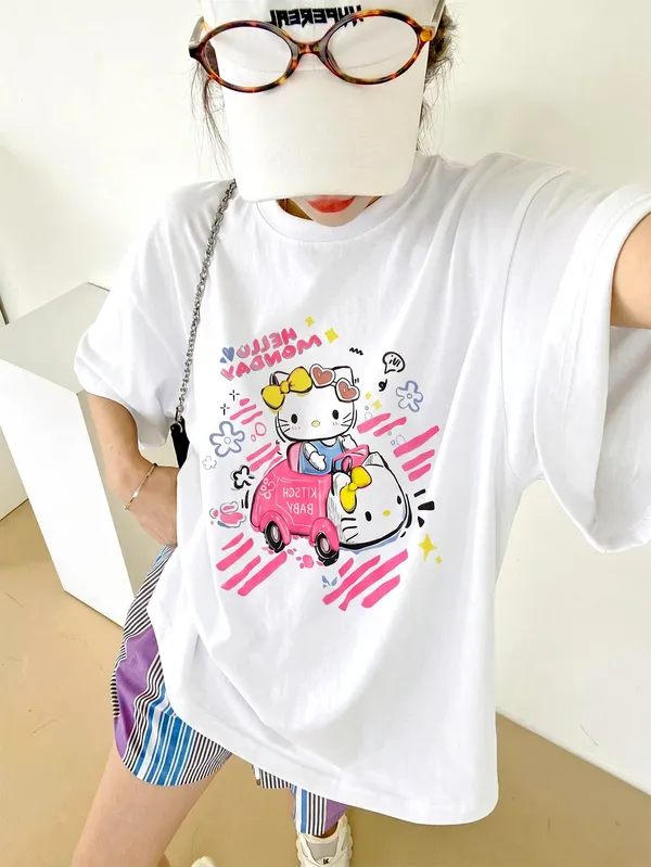 Cute Cartoon Pattern Women's T-Shirt, Comfortable Casual Style