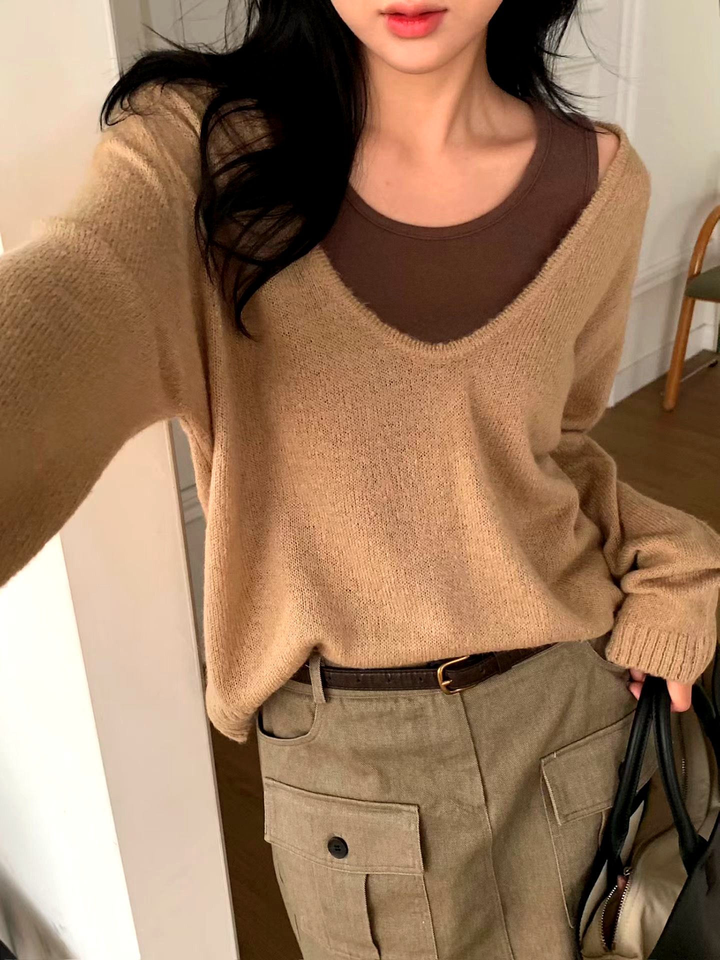 편안한 캐주얼 여성 상의, 따뜻한 니트 V넥 스웨터