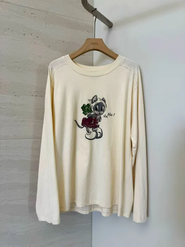 Cute Cartoon Embroidered Long Sleeve Top - Comfortable Casual Style