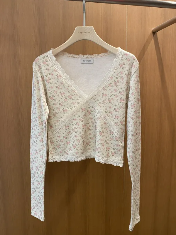 Fresh Floral Lace Trim Long Sleeve Top