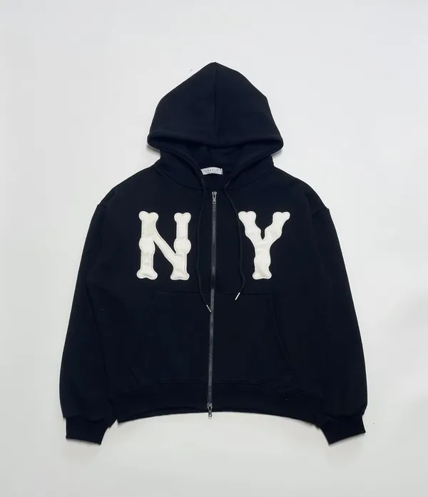 NY Letter Leather Patch Men's Loose Hooded Jacket