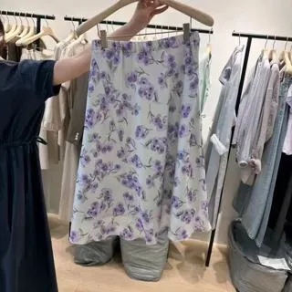 Fresh Purple Floral Midi Skirt, Lightweight and Breathable