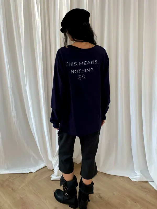 T-Shirt Lengan Panjang Bordir Huruf yang Santai dan Bergaya