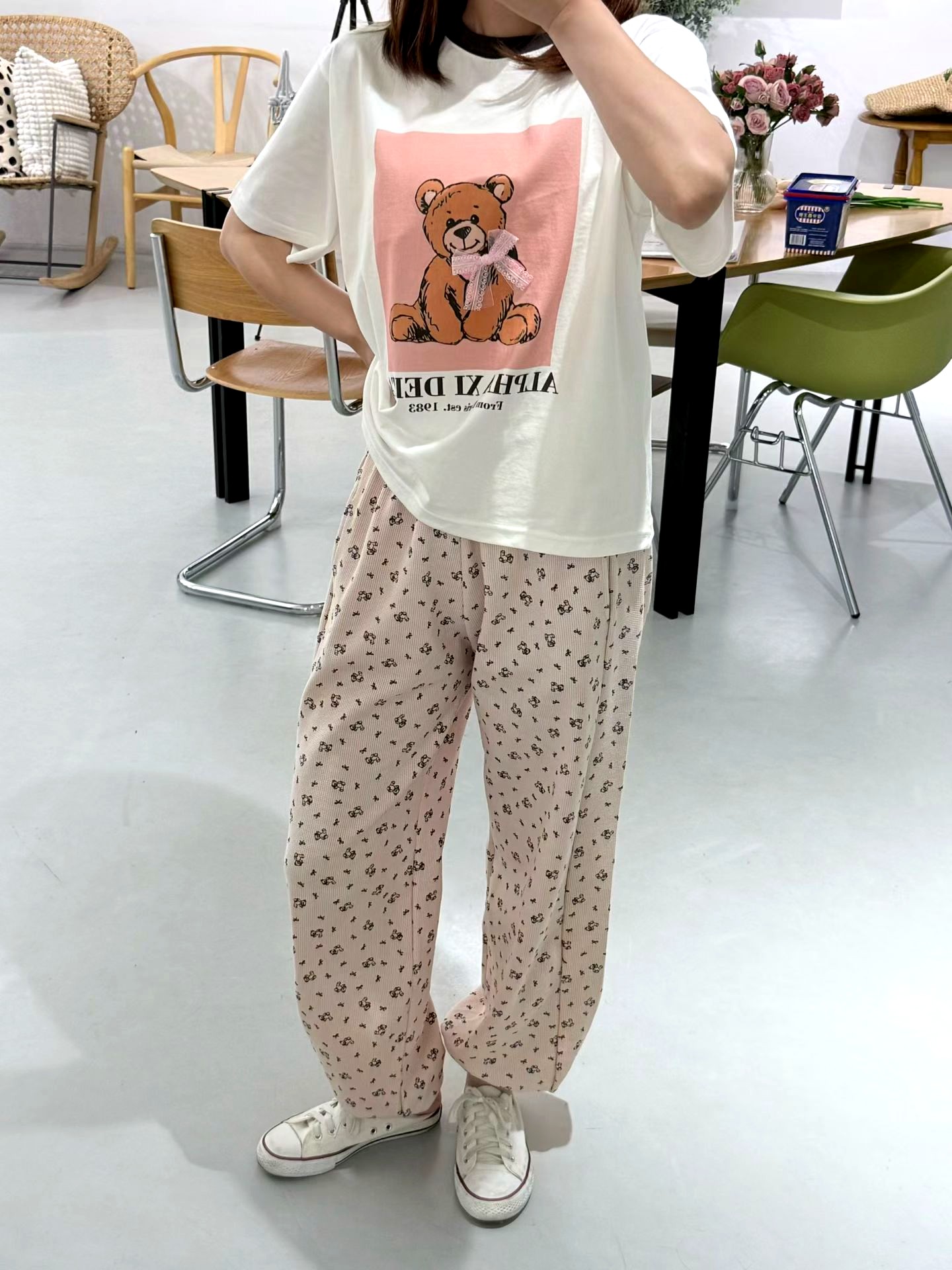 귀여운 곰 패턴 반팔 티셔츠, 편안한 캐주얼 스타일
