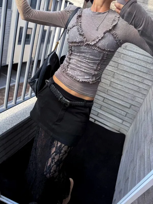 Stylish Lace-Panel Long Sleeve T-Shirt - Elegant and Unique