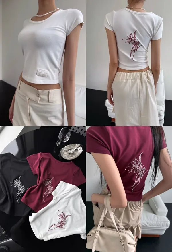 Minimalist Floral Embroidered Short Sleeve T-Shirt