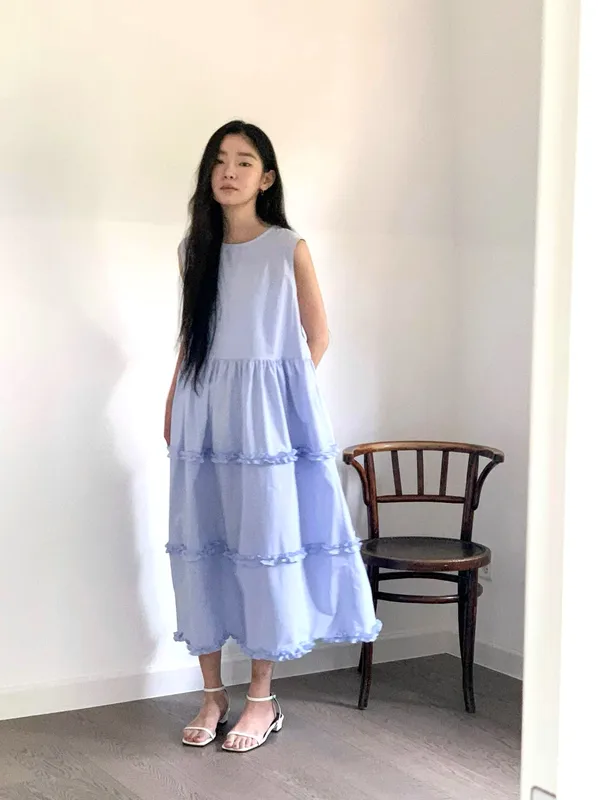 Fresh Blue Ruffled Hem Dress, Elegant and Comfortable