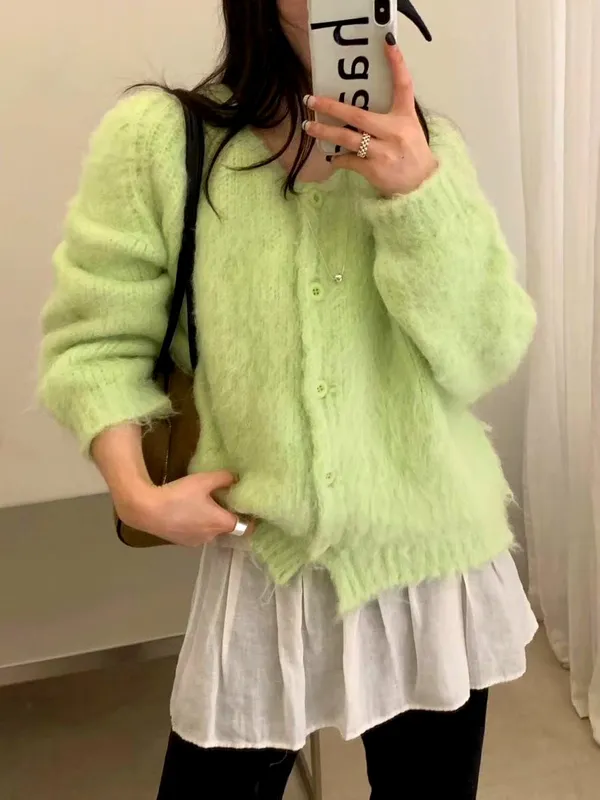 Cozy Green Plush Cardigan - Warm and Comfortable Women's Top