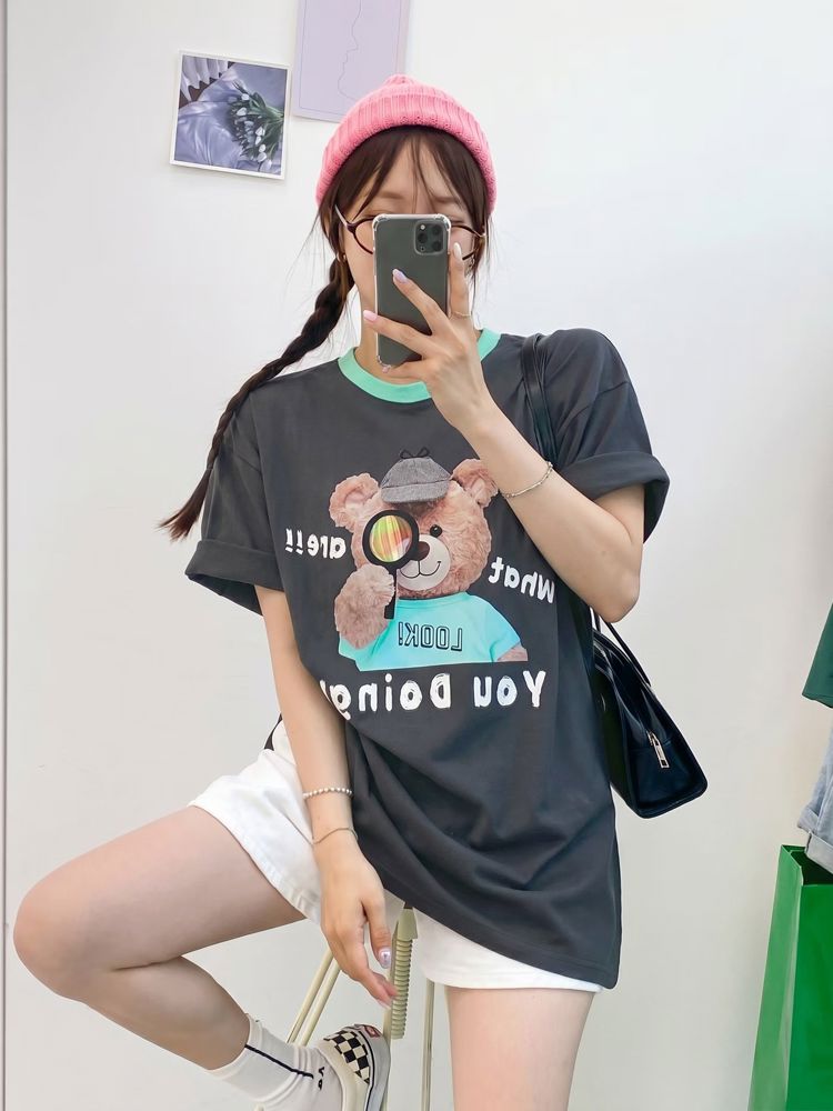 Cute Cartoon Bear Pattern T-Shirt, Comfortable Casual Style