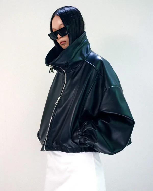 Stylish Black Leather Jacket, Unique Design, Warm and Slimming