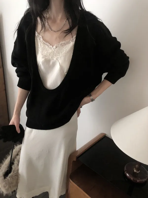 Elegant Camisole Dress Paired with Knitted Cardigan