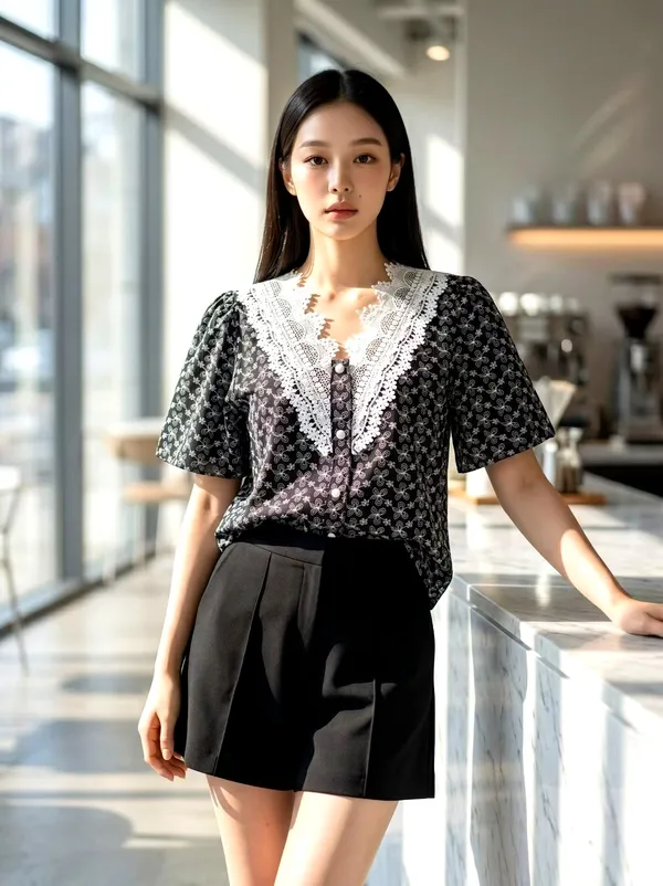 우아한 레이스 칼라 여성용 탑, 스타일리시한 반팔 디자인