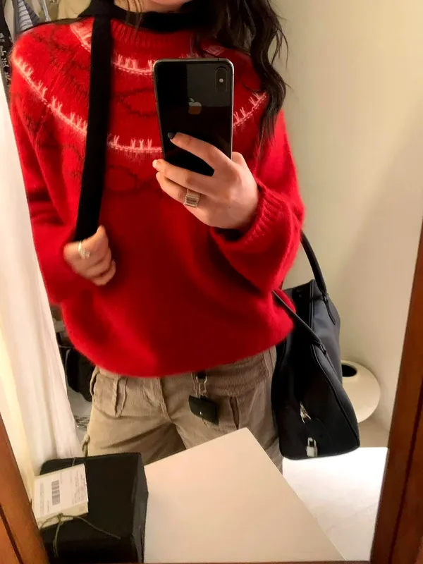 Warm Red Knitted Sweater, Fashionable and Versatile