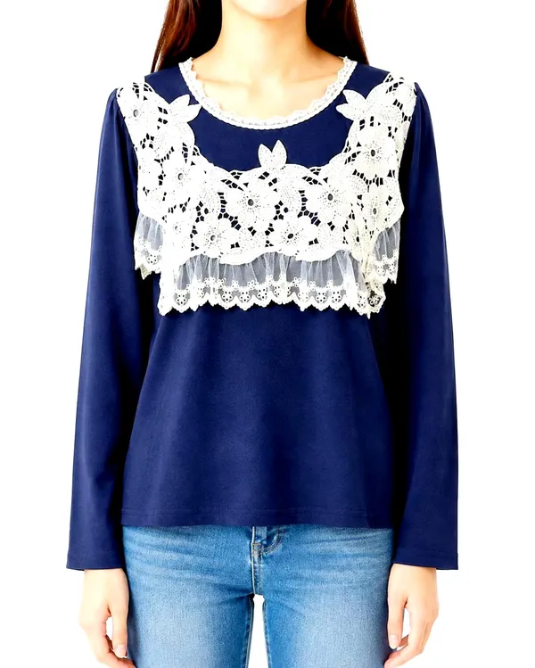 Elegant Lace Panel Long Sleeve Top
