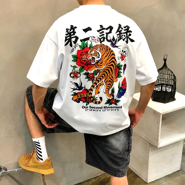Stylish Tiger Head Printed Short Sleeve T-Shirt for Men, Streetwear Top
