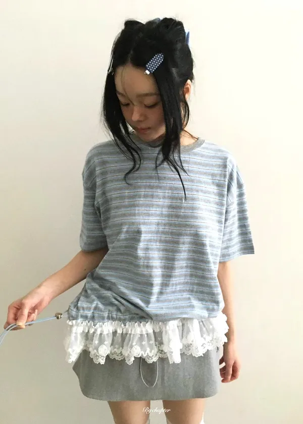 Fashion Striped Women's Top with Lace Trim Design