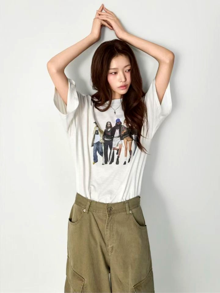 트렌디한 프린트 여성 티셔츠, 편안한 캐주얼 스타일