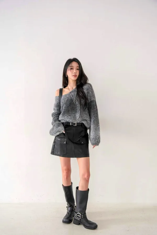 Stylish Gray Sweater Paired with a Leather Skirt