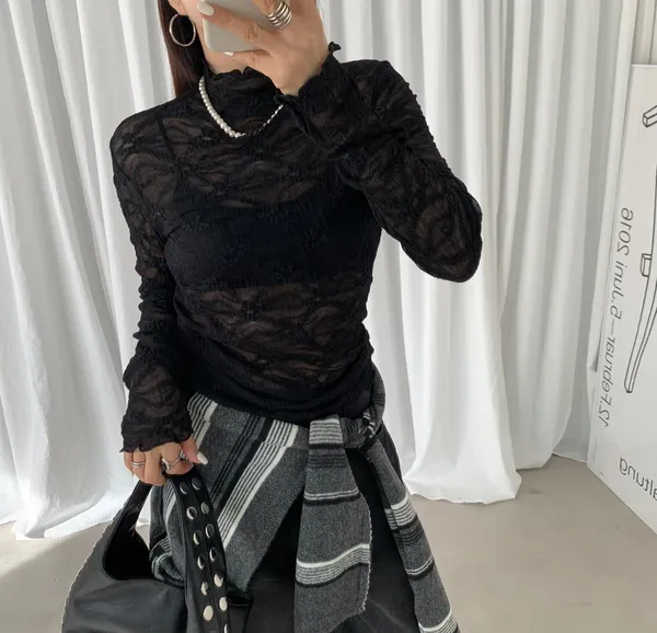 Stylish Sheer Black Long Sleeve T-Shirt - Elegant and Charming