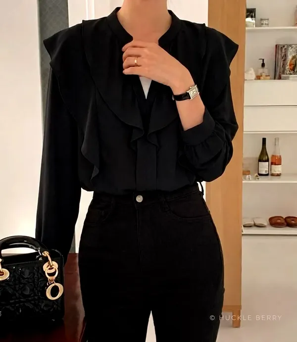 Elegant Black Shirt with Trendy Ruffle Design