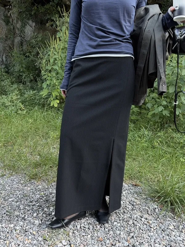 Elegant Black Striped Maxi Skirt, Showcasing Charming Style