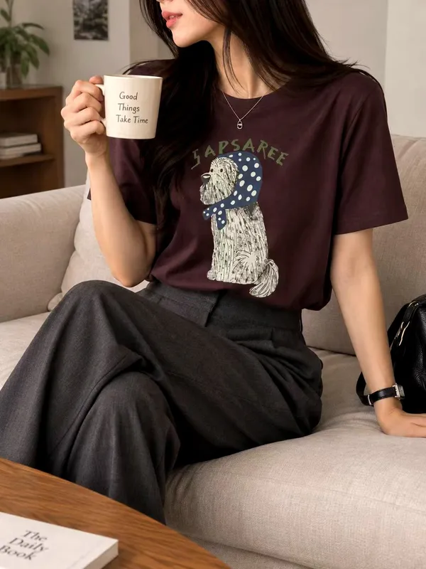 Cute Dog Pattern Short Sleeve T-Shirt, Comfortable and Stylish