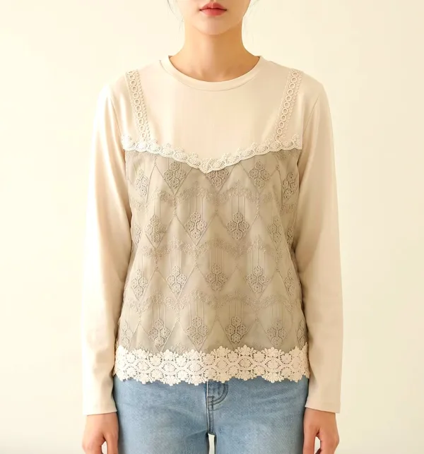 Elegant Lace-Panel Women's Top, Comfortable and Breathable, Fashionable and Versatile