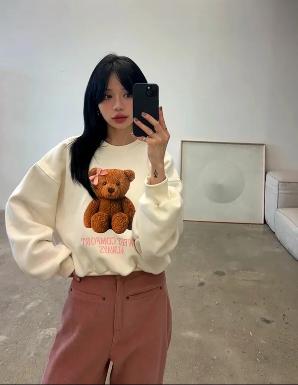 Hoodie Corak Beruang Comel, Gaya Santai yang Selesa