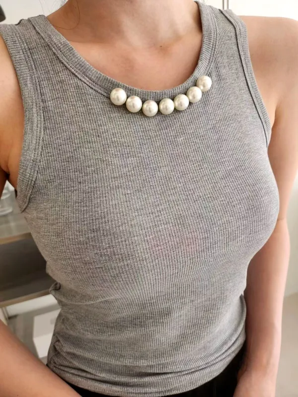 Elegant Pearl-Embellished Gray Camisole Top
