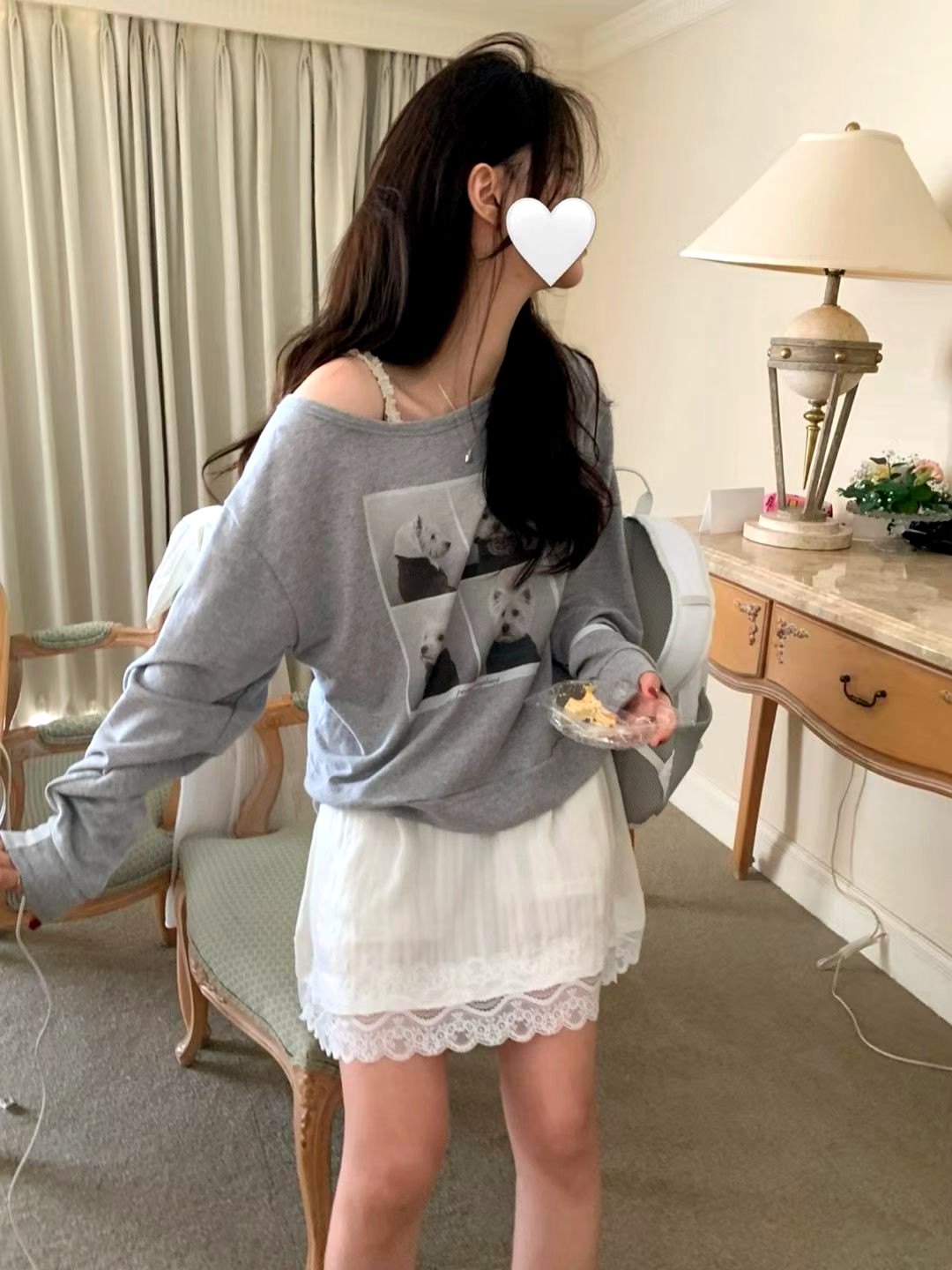 트렌디한 회색 프린트 루즈 탑, 편안한 캐주얼 스타일 - 신상품