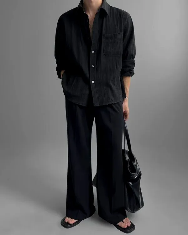 Minimalist Style Men's Long Sleeve Shirt, Classic Black and White Combination