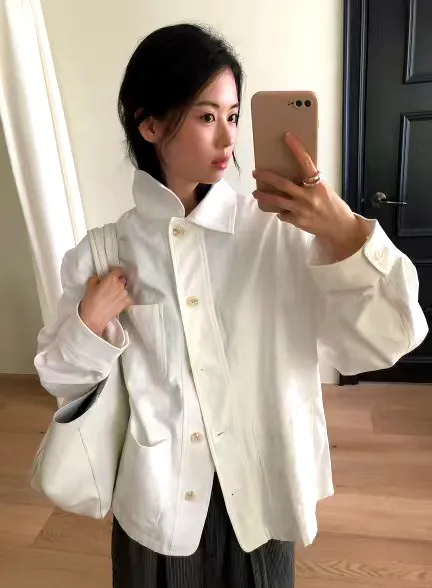 Minimalist White Women's Jacket, Fashionable and Versatile by maybebaby 46014