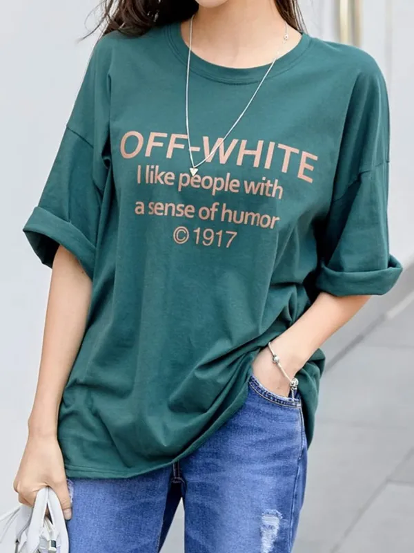 T-Shirt Longgar Gaya OFF-WHITE dengan Reka Bentuk Cetakan Humor