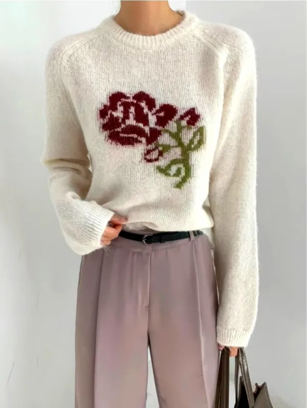 花卉圖案女裝毛衣，溫暖舒適，時尚百搭