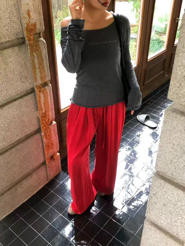 Trendy Loose Red Women's Pants, Comfortable and Breathable