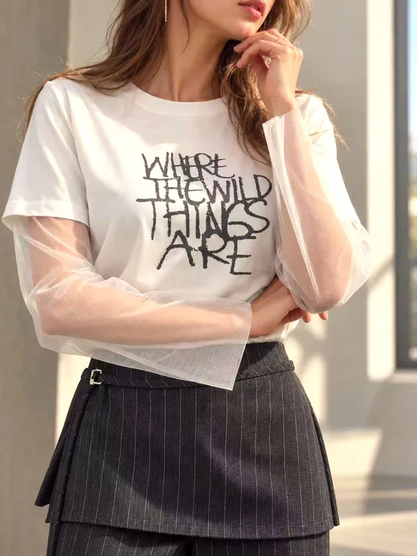 Fashionable Sheer Sleeve Letter Print T-Shirt