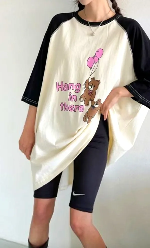 Cute cartoon printed loose T-shirt on sale