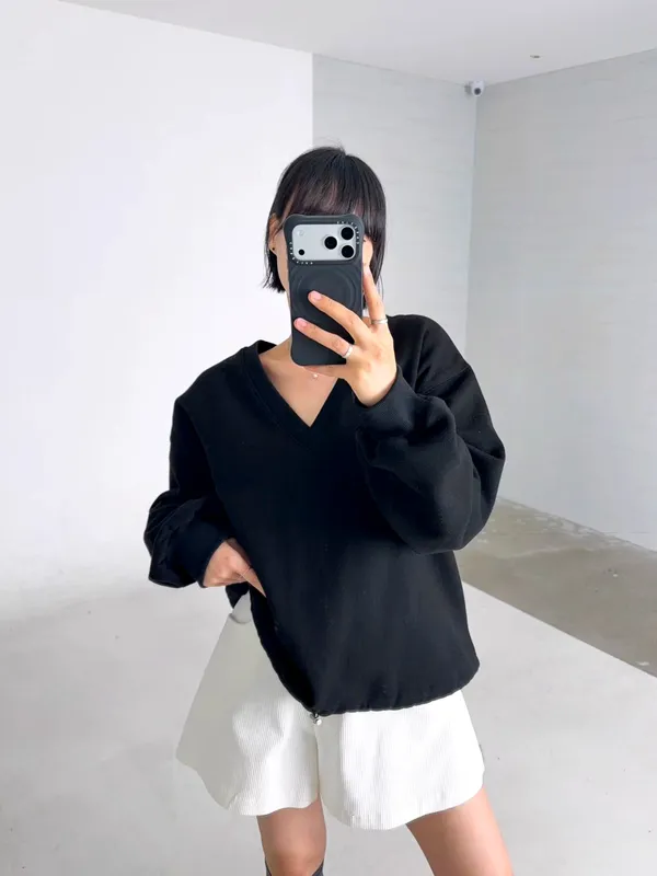 Minimalist Black V-Neck Women's Top, Comfortable and Versatile